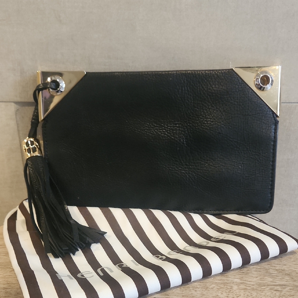Henri Bendel Black Clutch with Silver Corners